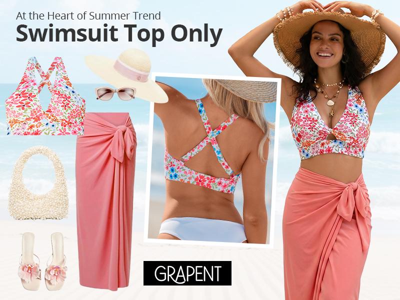 GRAPENT Bikini Top for Women Twisted Keyhole Padded Criss Cross Back Floral Print Beach Bathing Suits Swim Tops Only