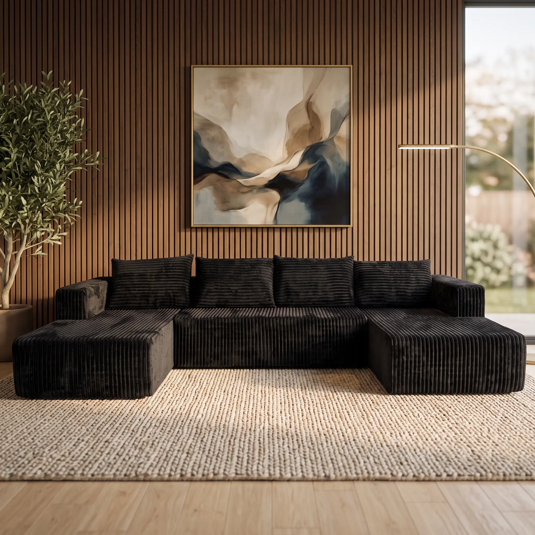 130-Inch Extra Large U-Shaped Sectional Sofa for Living Room, Extra Deep Seats, 6-Seater No-Assembly Frame Sofa, High-Density Foam Filling, No Assembly Required, Corduroy Cloud Sofa