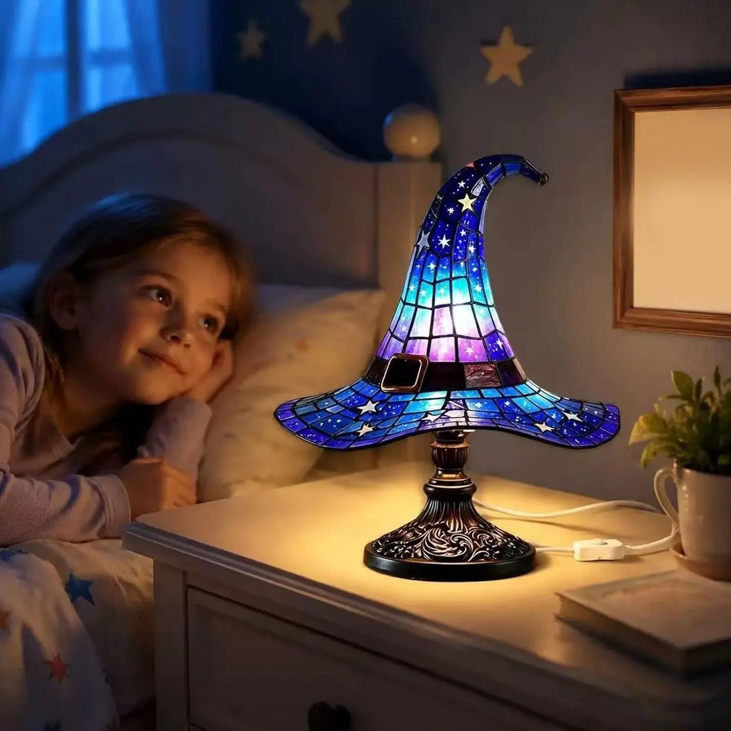 USB Stained Glass Witch Hat Resin Lamp - Warm Glow Gothic Night Light, Whimsical Room Decor, Lamps for Bedroom - Suitable for Halloween, Bookshelf, Mantel Witchy Space