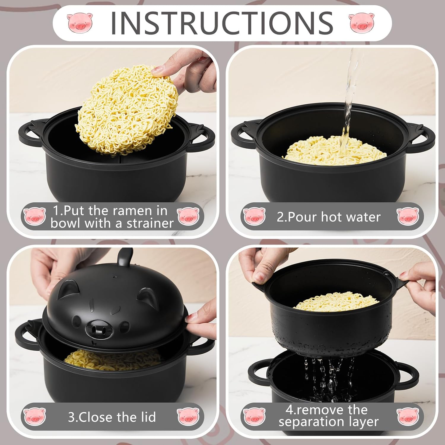 Nifogo Stylish Wheat Straw Cartoon Pig Ramen Noodle Bowl Set - 43oz(1300ml) Microwave-Safe Ramen Cooker with Strainer Lid, Handle, Spoon, Fork, Chopsticks, Stackable Bowls - Camp Kitchen Ware for Home,Camping Use