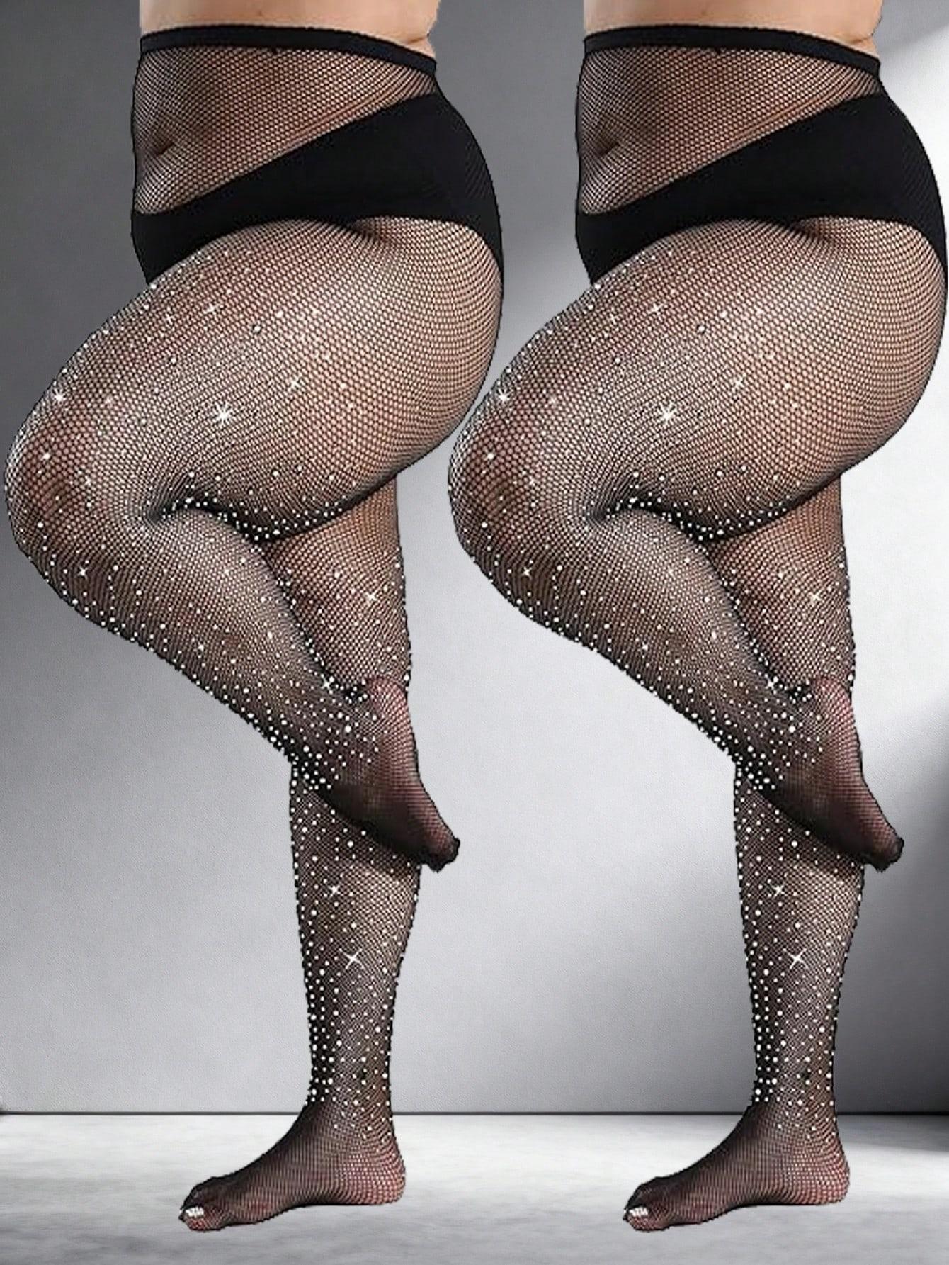 2pcs Plus Size Women's Rhinestone Embellished Fishnet Tights, Stretchy Skinny Mesh Stockings, Goth Style, All Seasons Clubwear