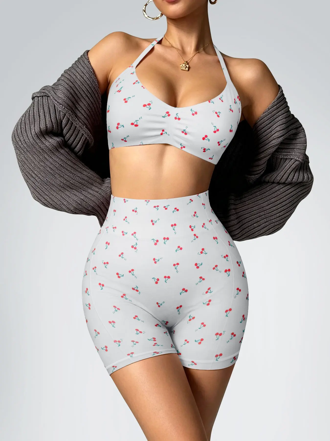 Women's Sporty Two-Piece Set, All Seasons Cherry Print V-Neck Sleeveless Tank Top and High-Waist Shorts, Breathable Compression Workout, Gym Yoga Activewear