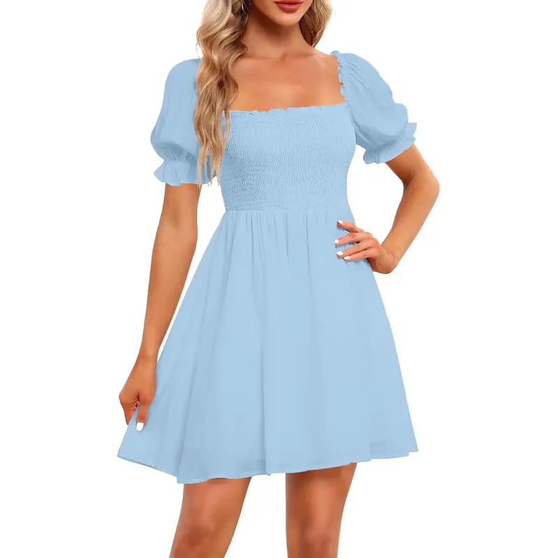 Holipick Women's Casual Square Neck Smocked Dress Shirred Ruffle Puff Sleeve High Waist Cute Flowy A-Line Short Dress