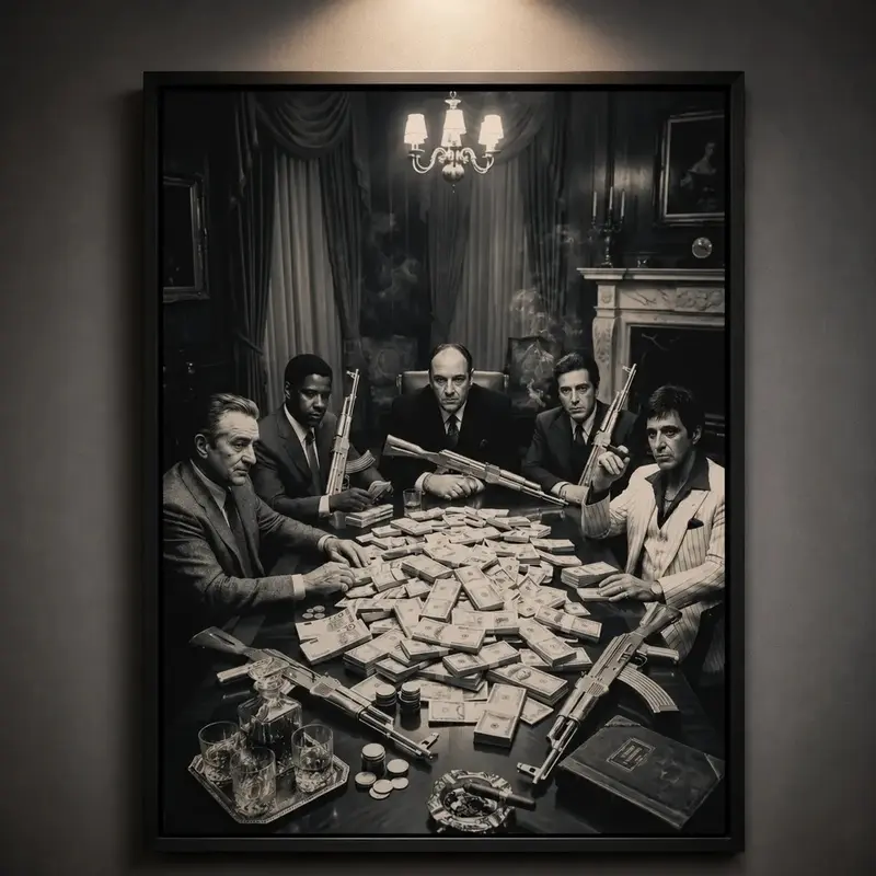 Vintage Mafia Money Table Wall Art, Black and White Gangster Style Poster, Classic Crime Inspired Decor, Retro Luxury Office Bedroom Wall Print, Dark Aesthetic Home Decoration, Vintage Film Style Artwork waterproof canvas wall art exquisite poster