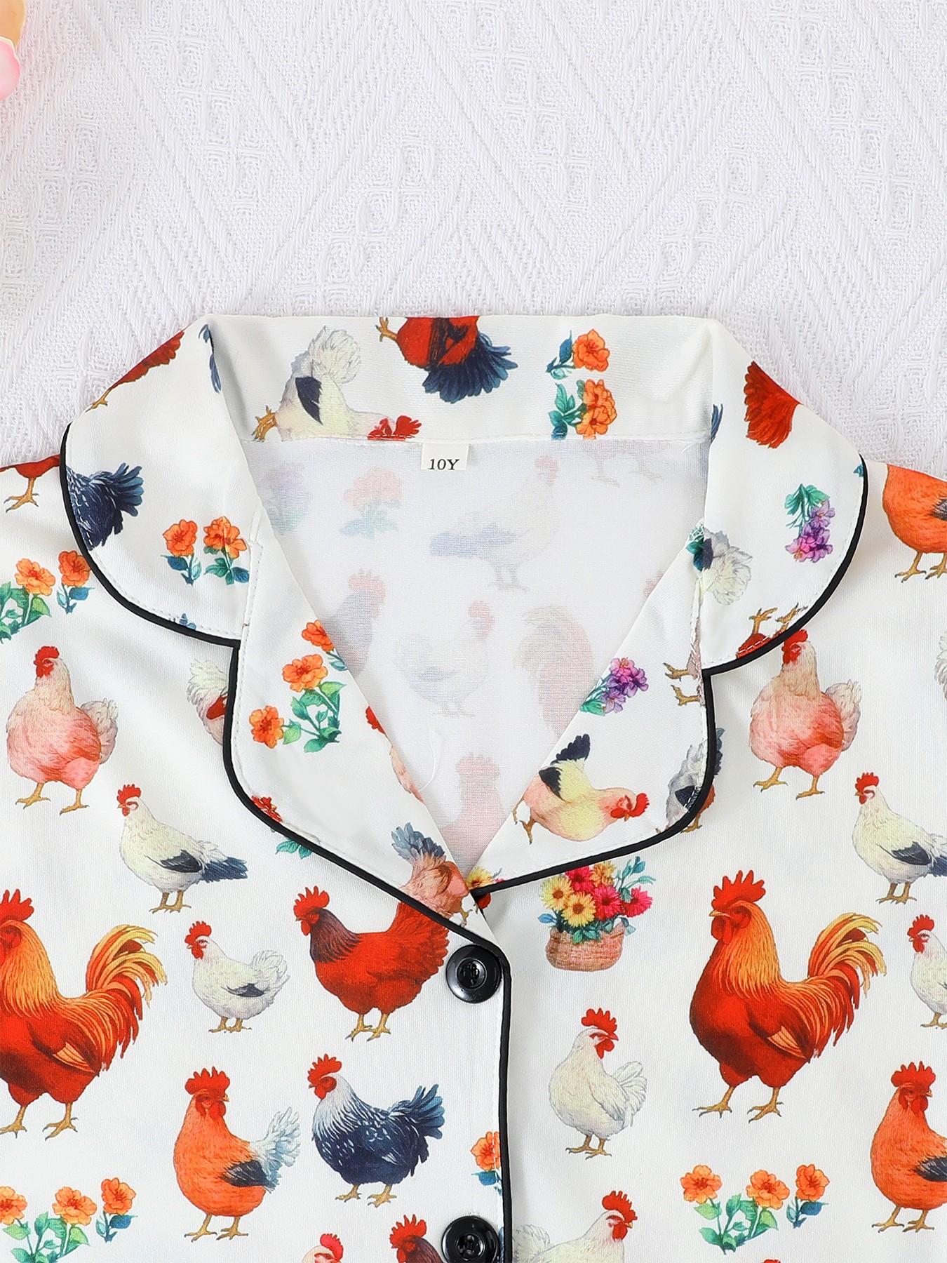 Sleepwear Sets, Cute Rooster Cartoon Pattern, Fashionable Button-Down Design, Short Sleeves & Shorts, All Seasons Wear