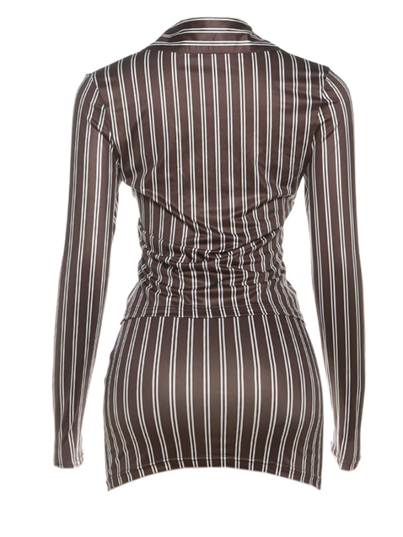Women's Fashion Striped Pattern Two-piece Set, Sexy Long Sleeve Lapel Button Blouse & Bodycon Skirt Set for Spring & Fall Womenswear