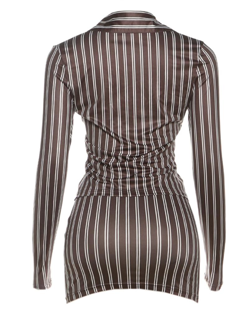 Women's Fashion Striped Pattern Two-piece Set, Sexy Long Sleeve Lapel Button Blouse & Bodycon Skirt Set for Spring & Fall