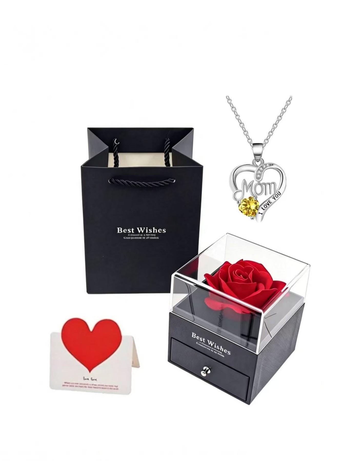 Mother's Day Gift Set, Heart-Shaped Ruby Necklace, Rose Flower Pendant, Elegant Jewelry Box, Express Love to Mom, Perfect Mother's Day Present