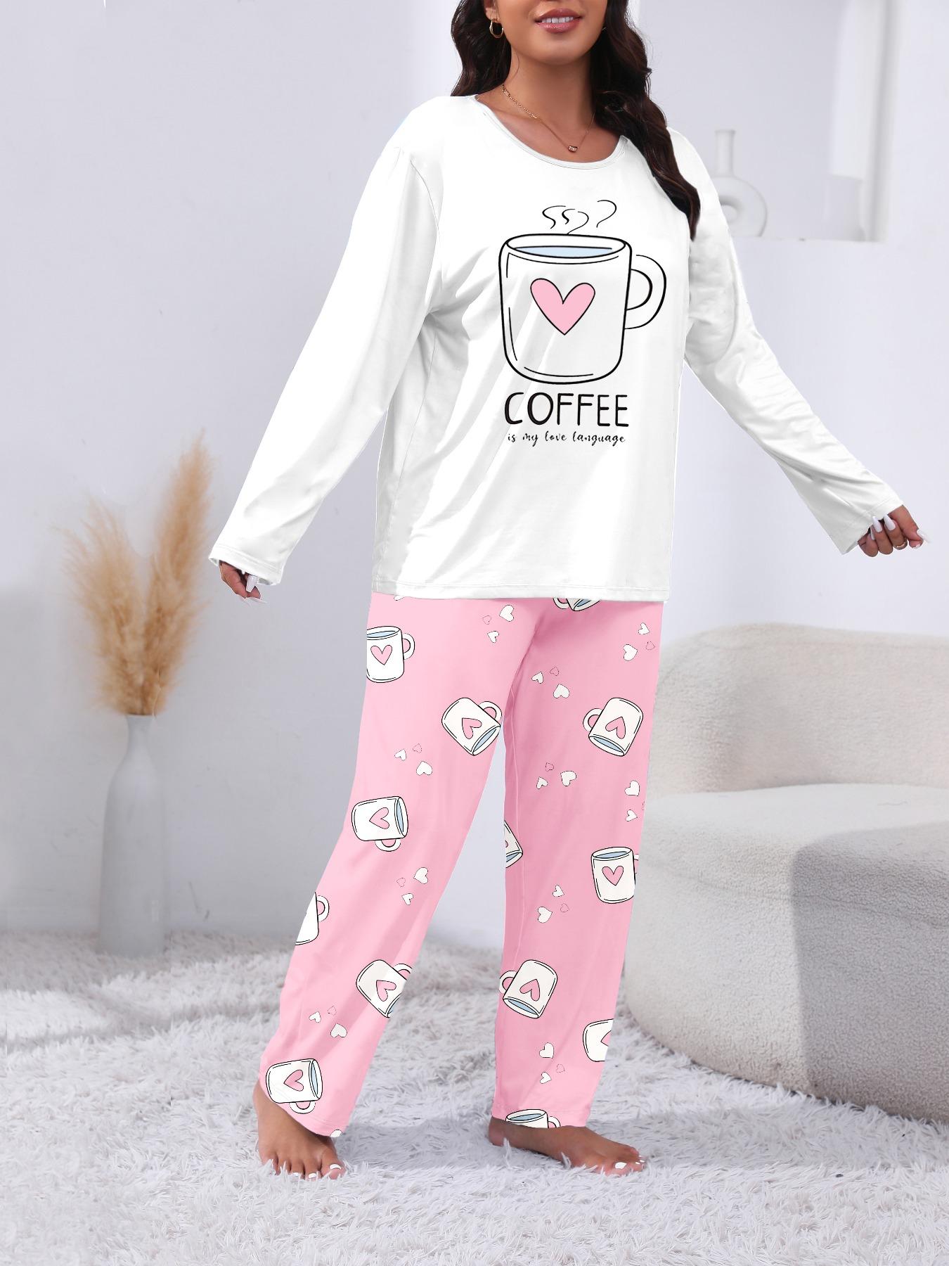 【Plus Size】 Two-piece Set Heart & Letter Print Tee & Pants Pajama, Casual Comfy Round Neck Long Sleeve T-shirt & Trousers Pajama Set, Women's Sleepwear for All Seasons