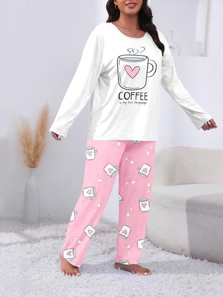 【Plus Size】 Two-piece Set Heart & Letter Print Tee & Pants Pajama, Casual Comfy Round Neck Long Sleeve T-shirt & Trousers Pajama Set, Women's Sleepwear for All Seasons
