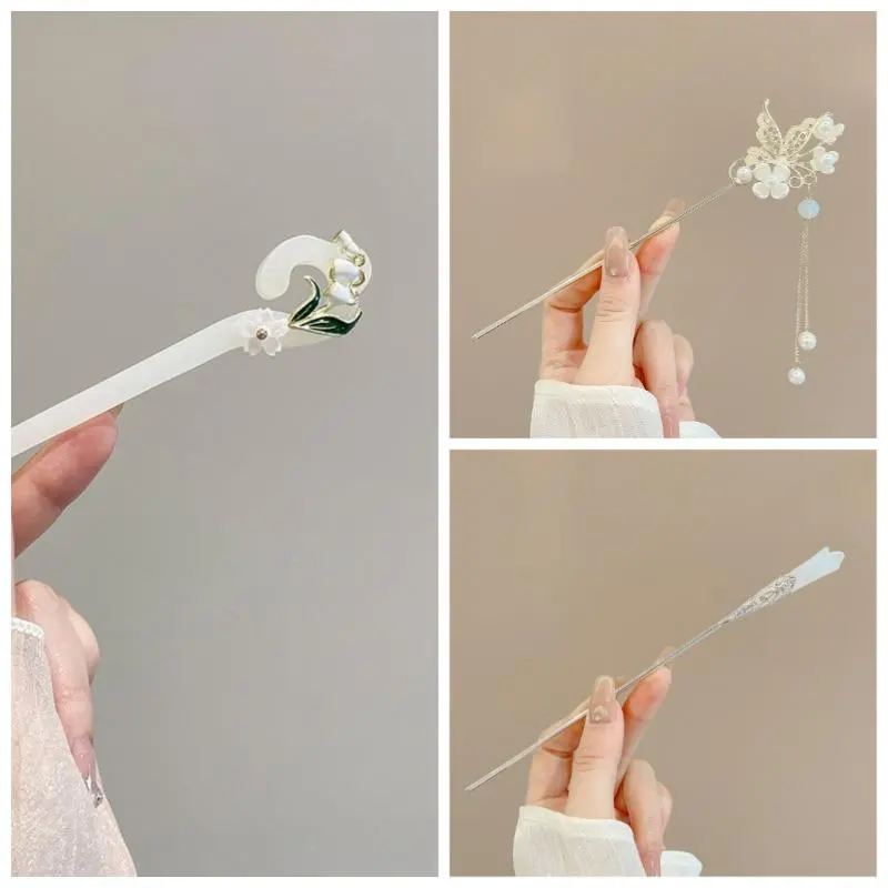 Set of 3 New Chinese Tassel Hair Sticks Alloy & Plastic Retro Oriental Hair Pins for Ponytail & Bun Updos Hanfu Cheongsam Hair Accessories for Women