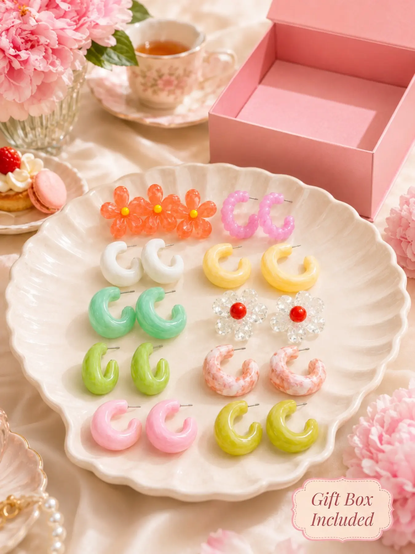 Gift Box Included | 10 Pairs Colorful Earrings Set for Women & Girls, Pastel Chunky Hoop Earrings and Flower Stud Earrings, Y2K Mix and Match Statement Jewelry for Back to School, Wedding Guest, Bridesmaid, Birthday and Holiday Gift