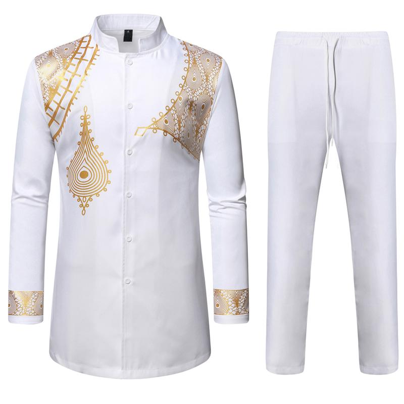 ZEROYAA Men's Traditional Suit Long Sleeve Button up African Dashiki Shirt and Pants Ethnic 2 Piece Outfit Clothes Cotton sets for men clothing men's 2 piece set Cardigan Breathable