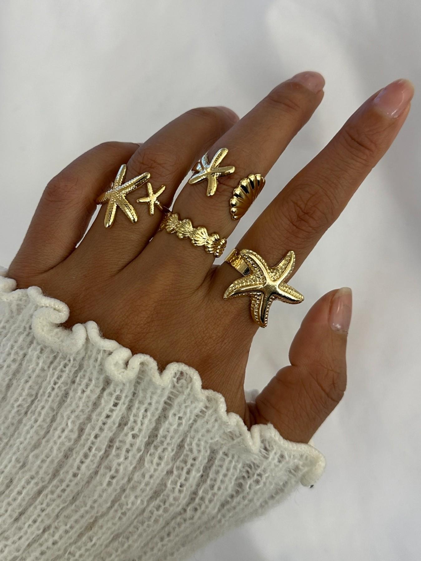 4 Piece Starfish Shell Rings Set, Elegant Sea Inspired Jewelry for Women, Perfect Gift for Beach Lovers
