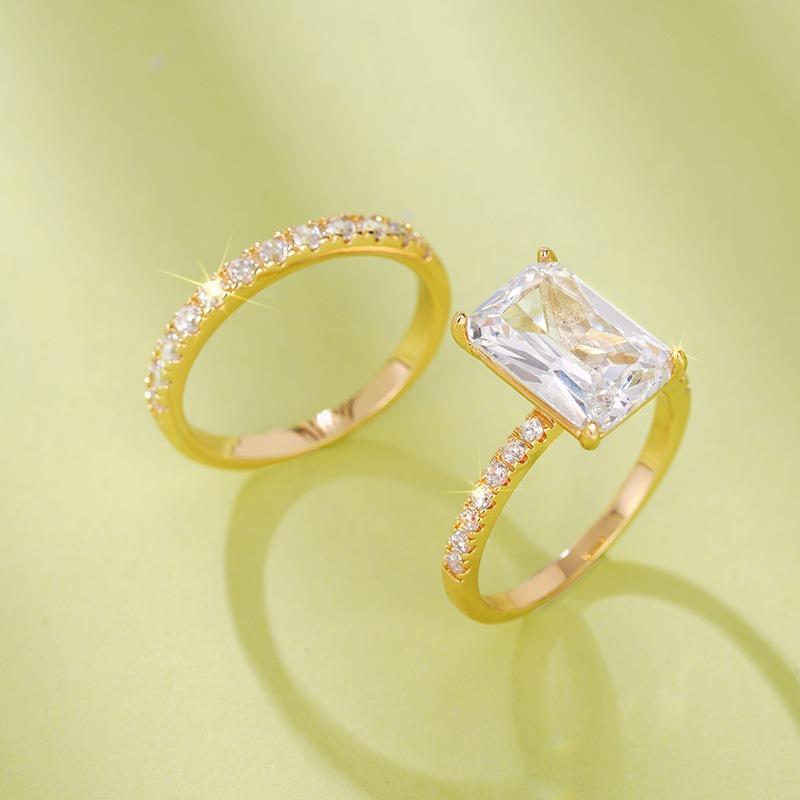 2Pcs Chic Square Cubic Zirconia Rings for Women Non Tarnish Bridal Rings Set | 14K Gold Plated Dainty Rectangle Cut CZ Wedding Bnand Ring Set Stackable Travel Eternity Promise Rings for Her Size 7-12