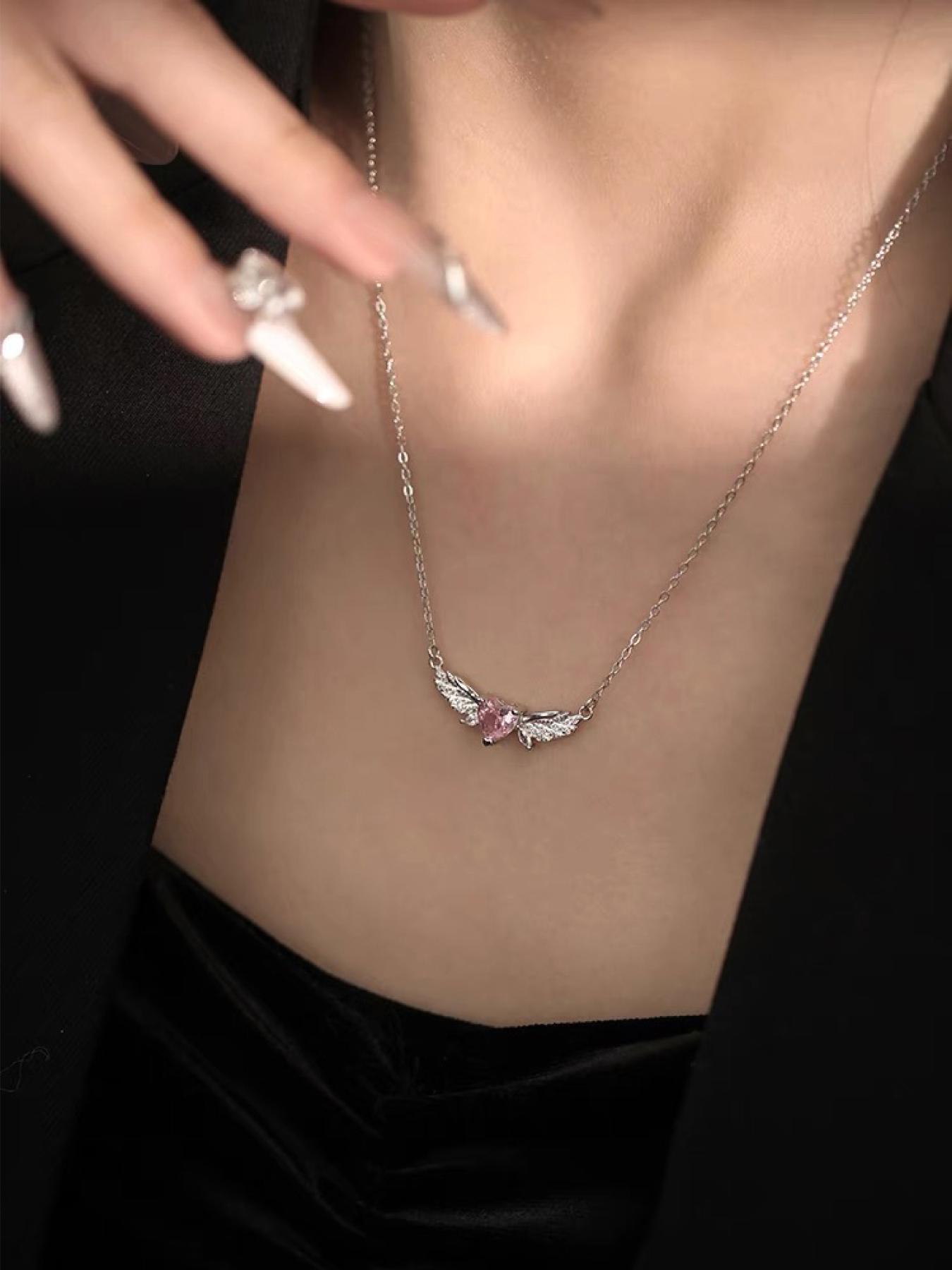 925 Sterling Silver Cute Heart & Wing Rhinestone Pendant Necklace, Adjustable Necklace for Women, Fashion Jewelry for Party, Daily Decor, Exquisite Jewelry for Gift