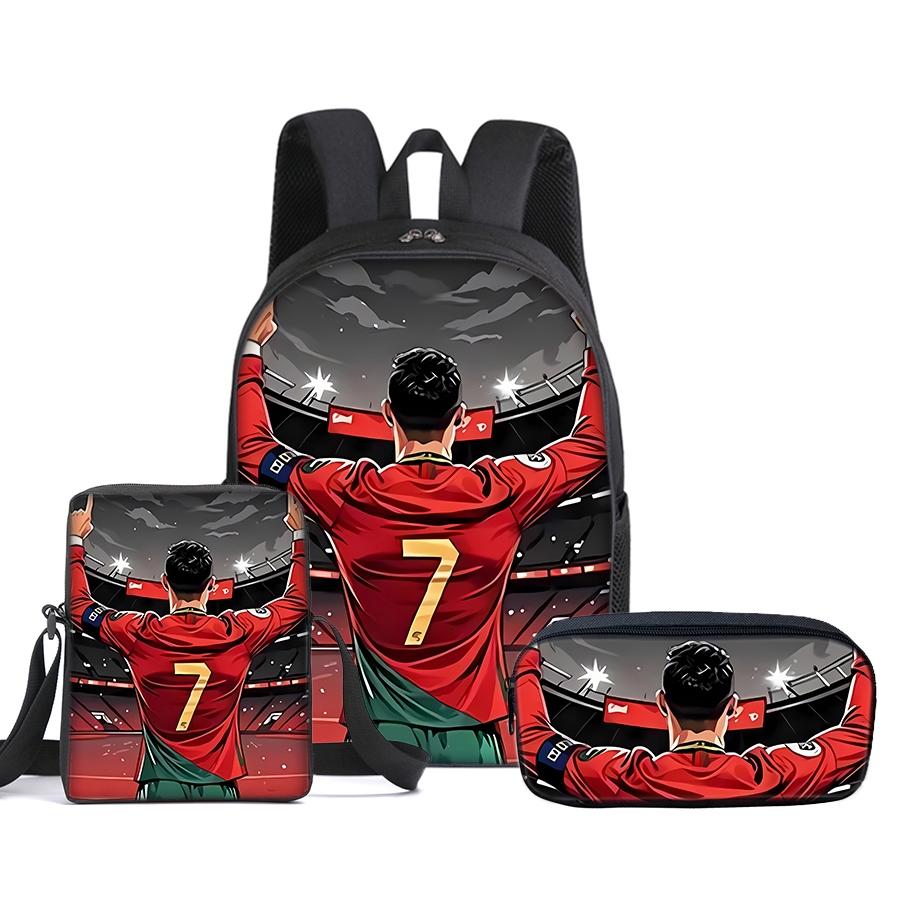 CR7 Football pattern printed 16-inch Soccer Backpack three-piece set (single-layer backpack + small shoulder bag + single-layer pencil bag)