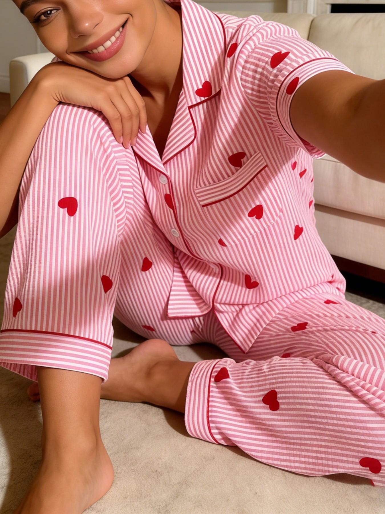 Women's Short Sleeve Long Pants Cardigan Pajama Set, Stripe Heart Full Print, Casual Slim Fit Home Wear, Loungewear, Nightwear, All Seasons Women's Short Sleeve Long Pants Cardigan Pajama Set, Stripe Heart Full Print, Casual Slim Fit Home Wear, Loungewear, Nightwear, All Seasons
