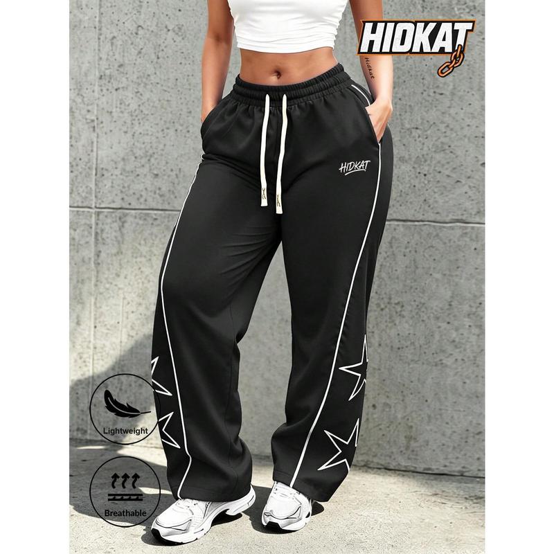 Women’s Universal Athletic Wide-Leg Drawstring Activewear Sports Joggers, Y2K Street-Style Polyester Star Print Full-Length Pants, Lightweight Breathable, Elastic Waist, Side Pockets, Relaxed Fit for Streetwear & Sports Training