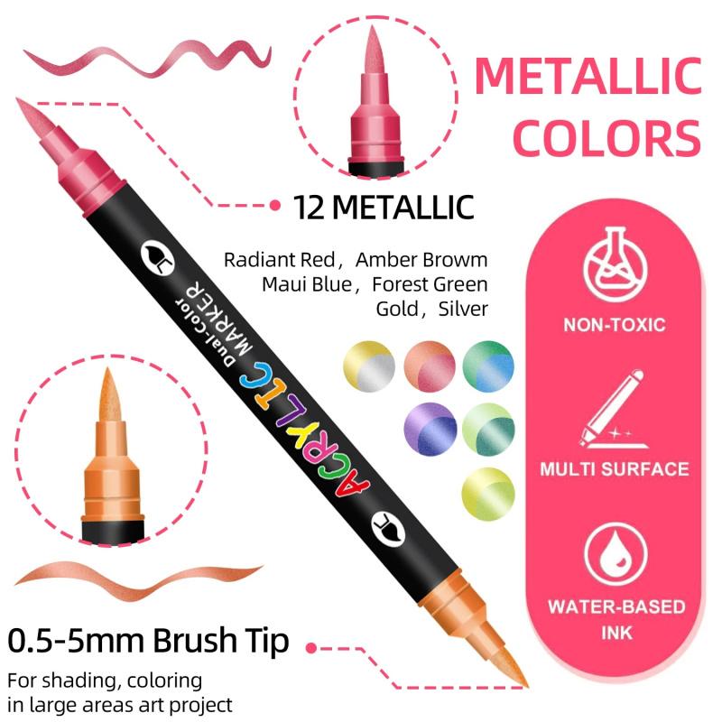 Acrylic Paint Markers, Dual tips Dual Color 24/48/72/144 Colors,Acrylic Paint Pens for Rock Painting, Canvas, Wood, Glass, Ceramic, Fabric, Plastic, Egg & Scrapbook. Soft Brush Tips Paint Pens and Paint Markers, Art Marker Set, Art Craft Supplies