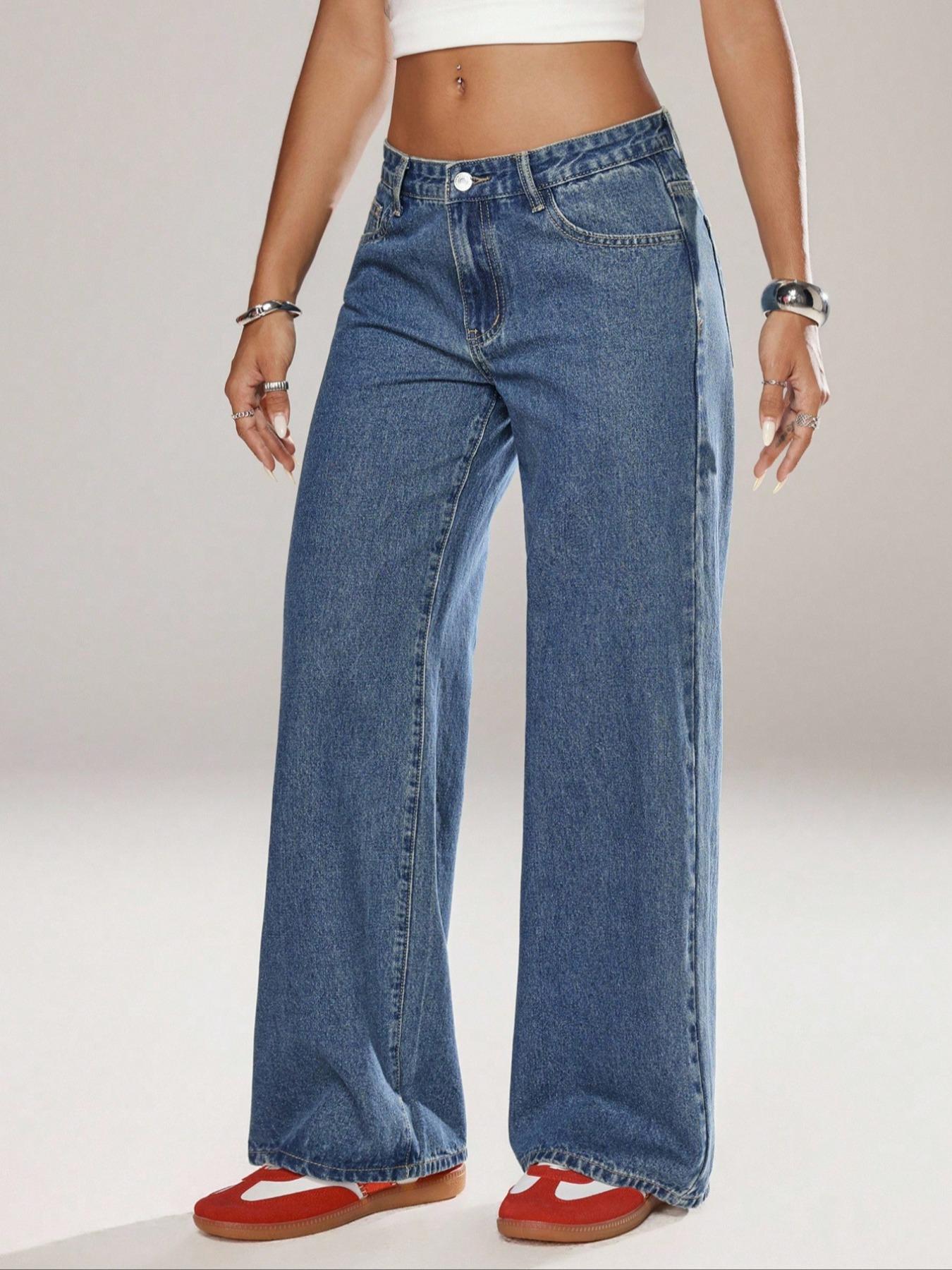 Women's Mid-Waist Wide Leg Straight Denim Jeans, Trendy Coffee Casual Fashion, Zipper Fly, Pockets, All Seasons, Pants