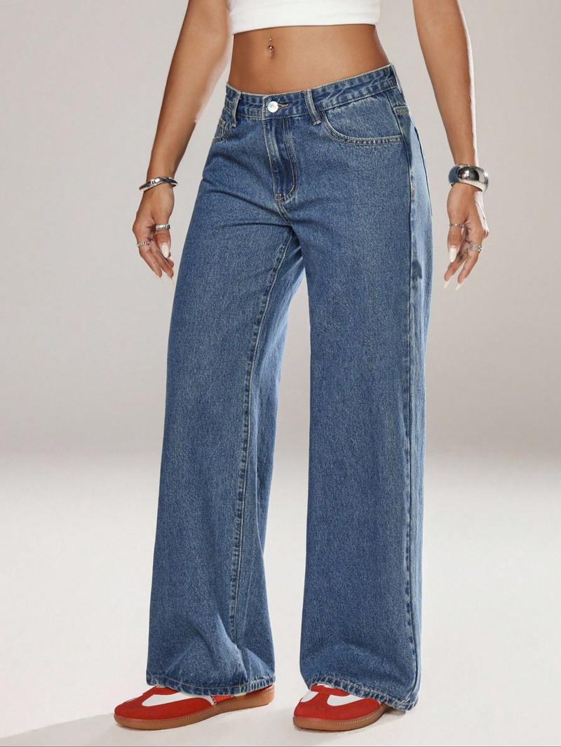 Women's Mid-Waist Wide Leg Straight Jeans, Trendy Coffee Casual Fashion, Zipper Fly, Pockets, All Seasons