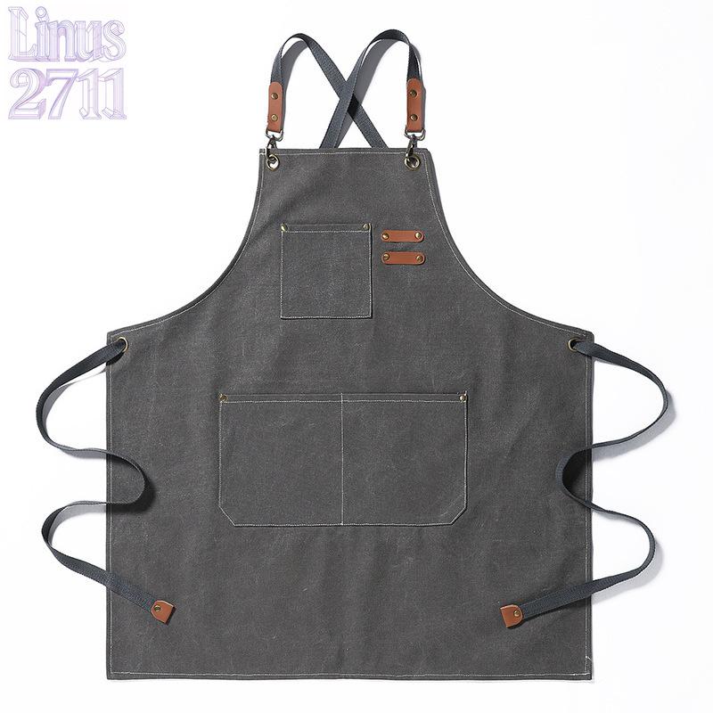 Cotton Canvas Cross Back Work Apron Leather Adjustable Strap Multi Pocket Oil Resistant Kitchen Coffee Shop Gardening Artist Unisex Custom Logo Blank Apron