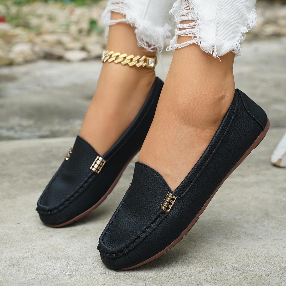 Women's Classic Plain Low Heel Shoes, Fashionable and Sexy, High-End Slant Metal Chain Decoration, Comfortable Casual Loafers, Slip On Shoes