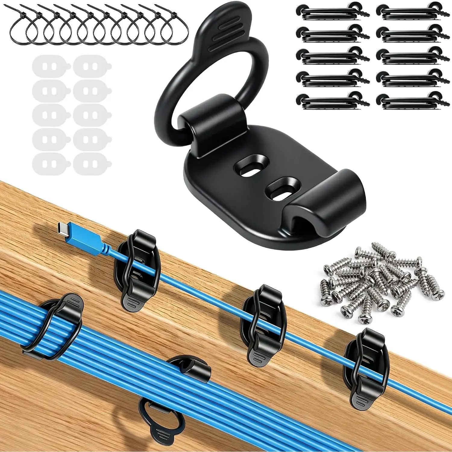 10-Pack Black Adjustable Elastic Clips Organizer Cable & Wire Management - Cable Management Solutions, Cord Organization, Tangle-Free Desk Accessories for Office Stationery