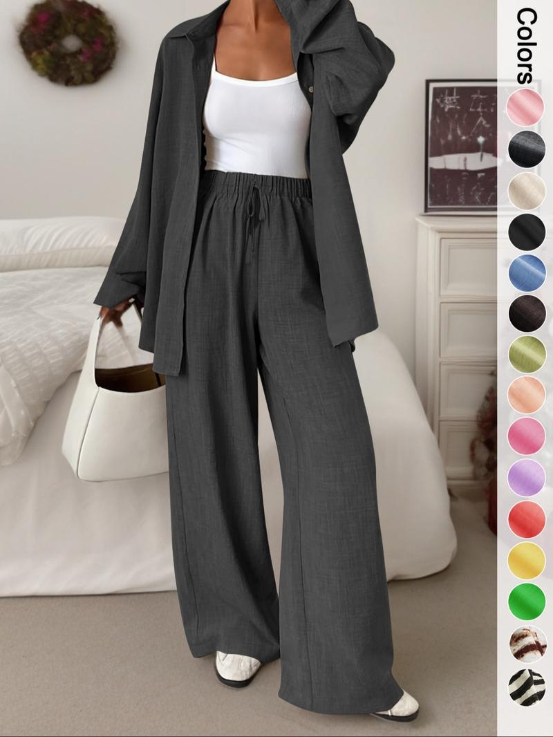 Women's Casual Sporty Shirt Long Pants Set, Loose Button-Up Top Wide Leg Pants Two-Piece Set, Comfortable and Stylish