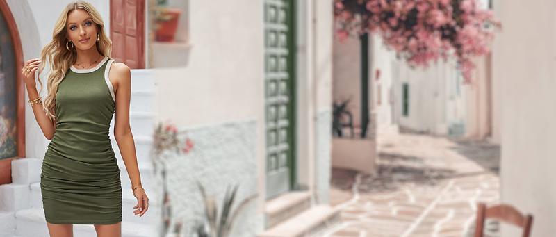 ZAFUL Women 2024 Summer Sleeveless Bodycon Dress Crew Neck Ribbed Tank Slim Fit Ruched Stretchy Party Club Mini Dress