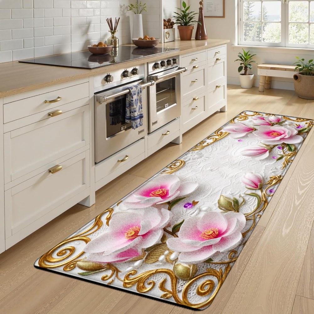 1PC， Pink and White Magnolia Flowers with Gold Ornaments Patterned strip rugs, home décor, bathroom mats, entryway mats, bathroom non-slip mats, indoor entrance rugs, bedroom bedside mats, kitchen mats, hallway rugs, flannel sponge rugs