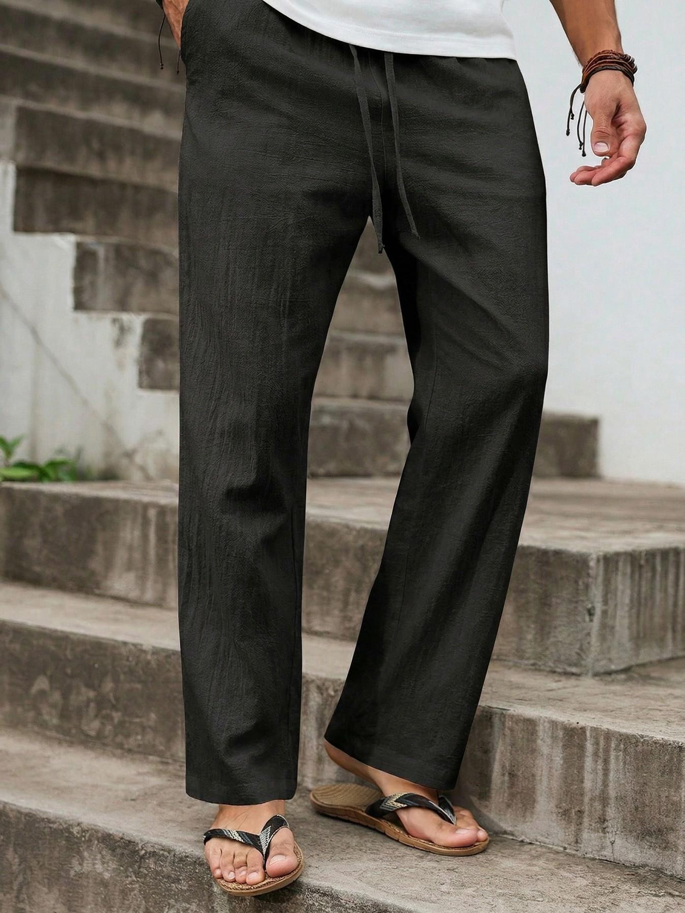 Men's Casual Loose Baggy Lightweight Linen Pants Solid Color Loose Fit Elastic Drawstring Waist Straight Legs Bottoms Summer Breathable and Soft Yoga Beach Long Pants with Pockets Wedding Partise Vacation Daily Going Out Dating Club Lounge Wear