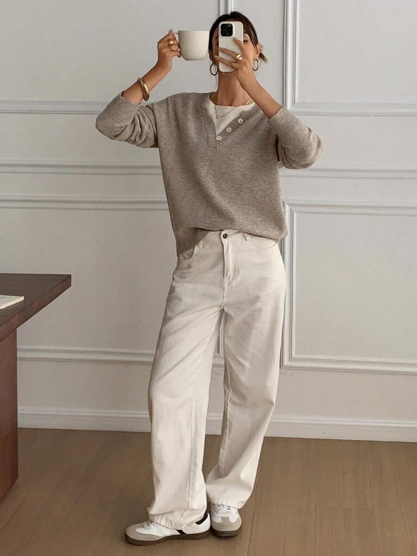 Women's Henley Neck Button Front Color Block Long Sleeve Vintage Chic Pullover Sweater, Knitwear, Knitting, Autumn Winter Casual Loose Fit 2 In 1 Sweater Top For Fall, Fashion Soft Daily Work Street Cute Daily Knitted Top for Women Collared Knit Top