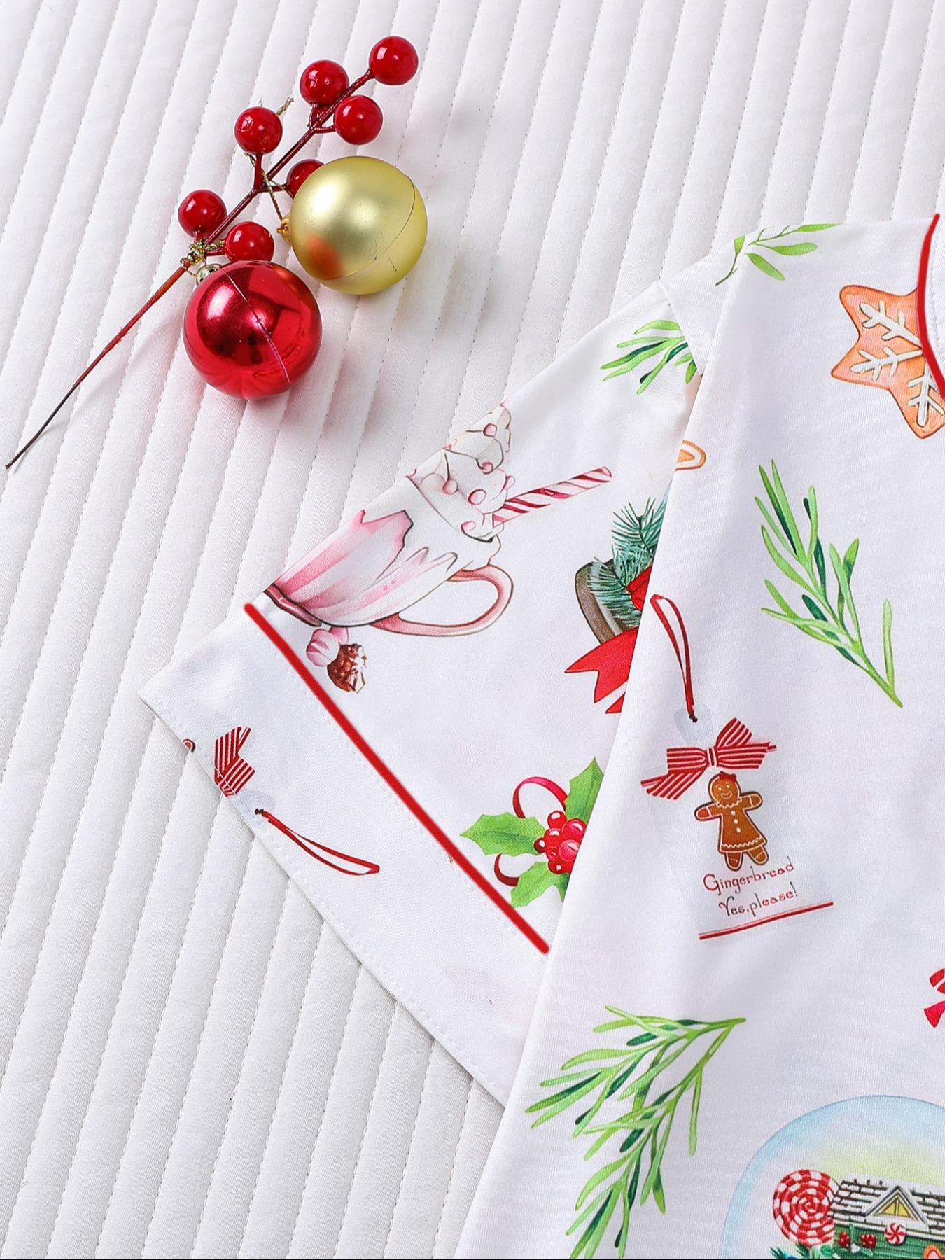 【Christmas Pyjamas】Women's Set, Watercolor Gingerbread Print, Short Sleeve Button Front Top & Elastic Shorts, Casual Home Wear, Loungewear
