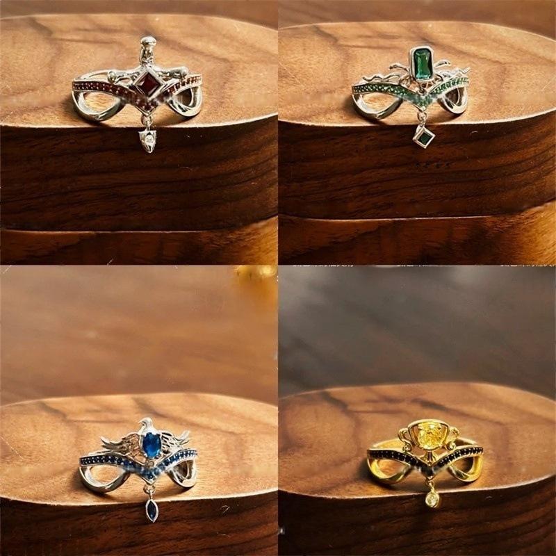 Medieval Fantasy 4-Piece Stackable Copper Base Mask Ring Set, Adjustable Jewelry with Multicolor Crystal Insets and Dangle Gems for Daily Wear