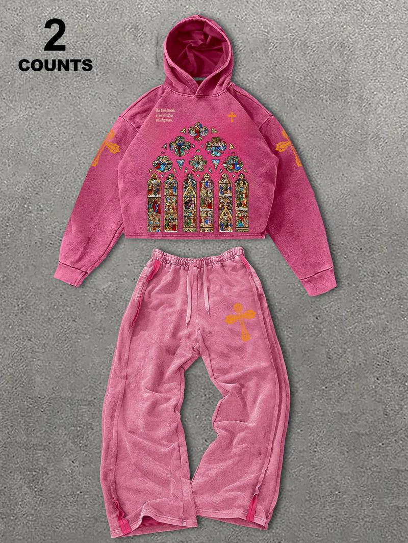 Men's Retro Graphic Hooded Sweatshirt Set, Long Sleeve Fitted Hoodie, Comfortable Casual Wear, Spring & Fall Fashion