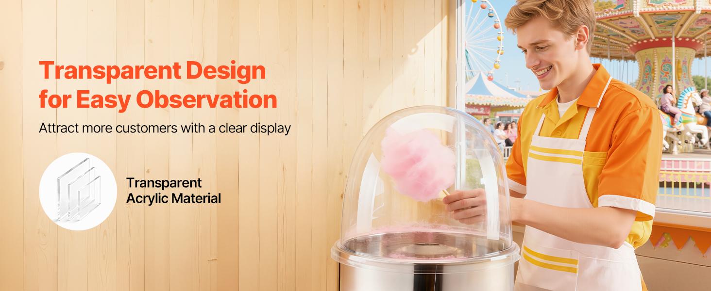 VEVOR Cotton Candy Machine Cover, Transparent Acrylic Dome Bubble Shield, Cotton Candy Machine Bubble Shield Compatible with 15inch Cottons Candies Machines Bowl for Party, Shops, Bottom Groove Design