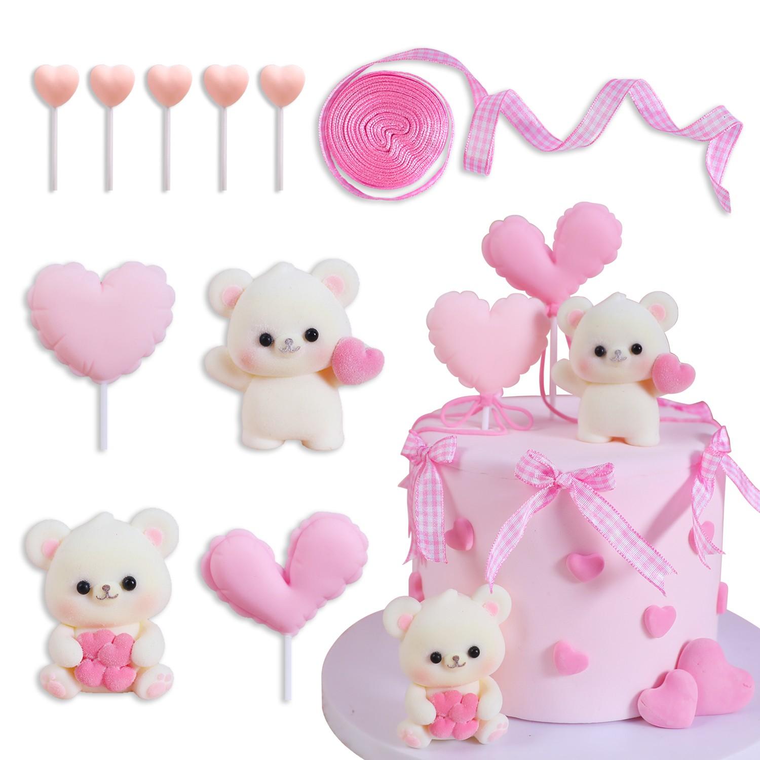 Cute Bear Heart Cake Decoration Set, Valentine's Day Birthday Dessert Stand Sign, Kids Party Baking Decorations