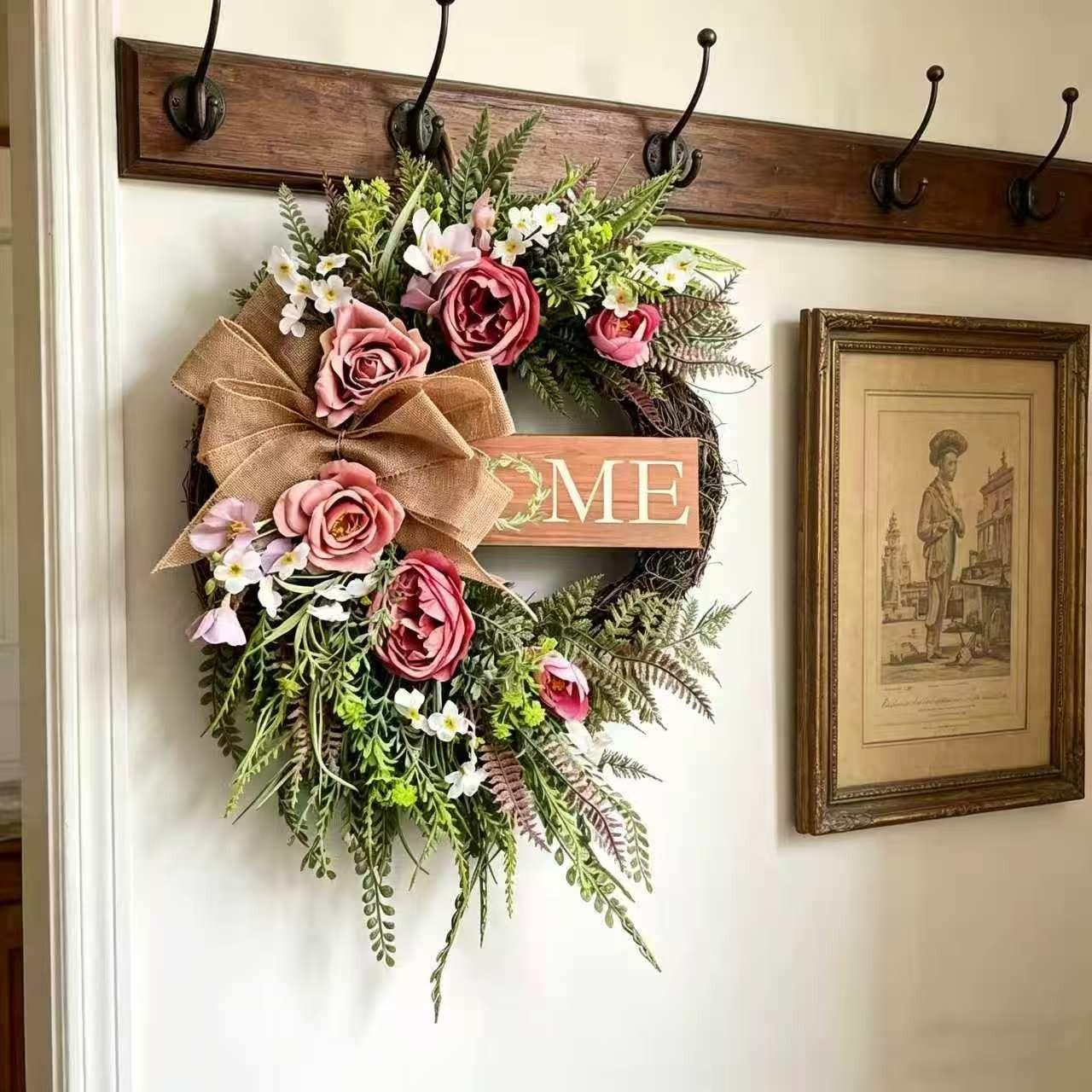 Neutral Color Farmhouse Style Wreath with Peony Flowers, Home Signboard, Hemp Cloth Bow, All-Season Decor for Porch, Living Room, Entryway