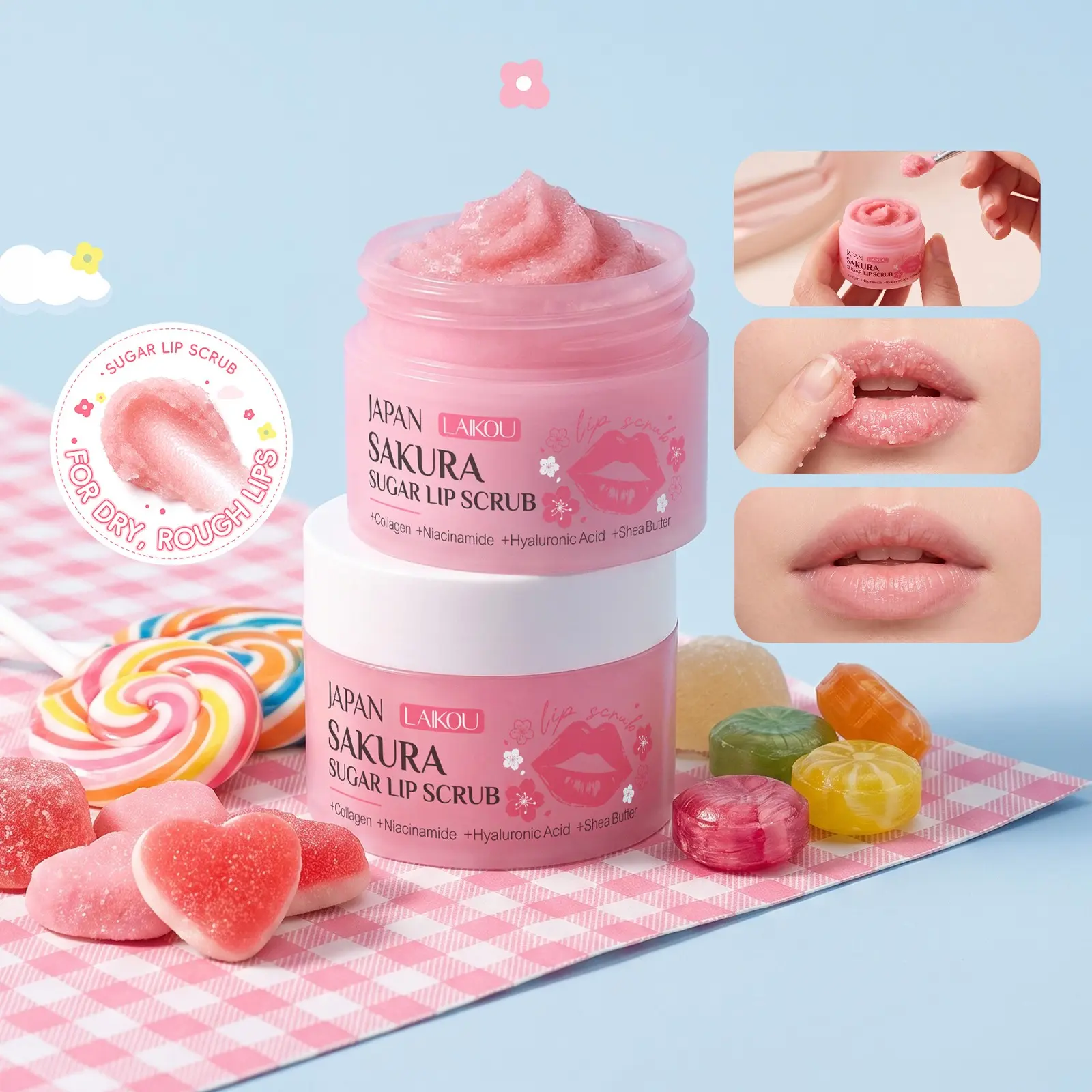 2 Pack Sakura Sugar Lip Scrub for Dry Lips, Gentle Exfoliating Lip Scrub Pack with Collagen & Shea Butter, Hydrating Lip Exfoliator and Moisturizer for Smooth Lips, 18g x 2