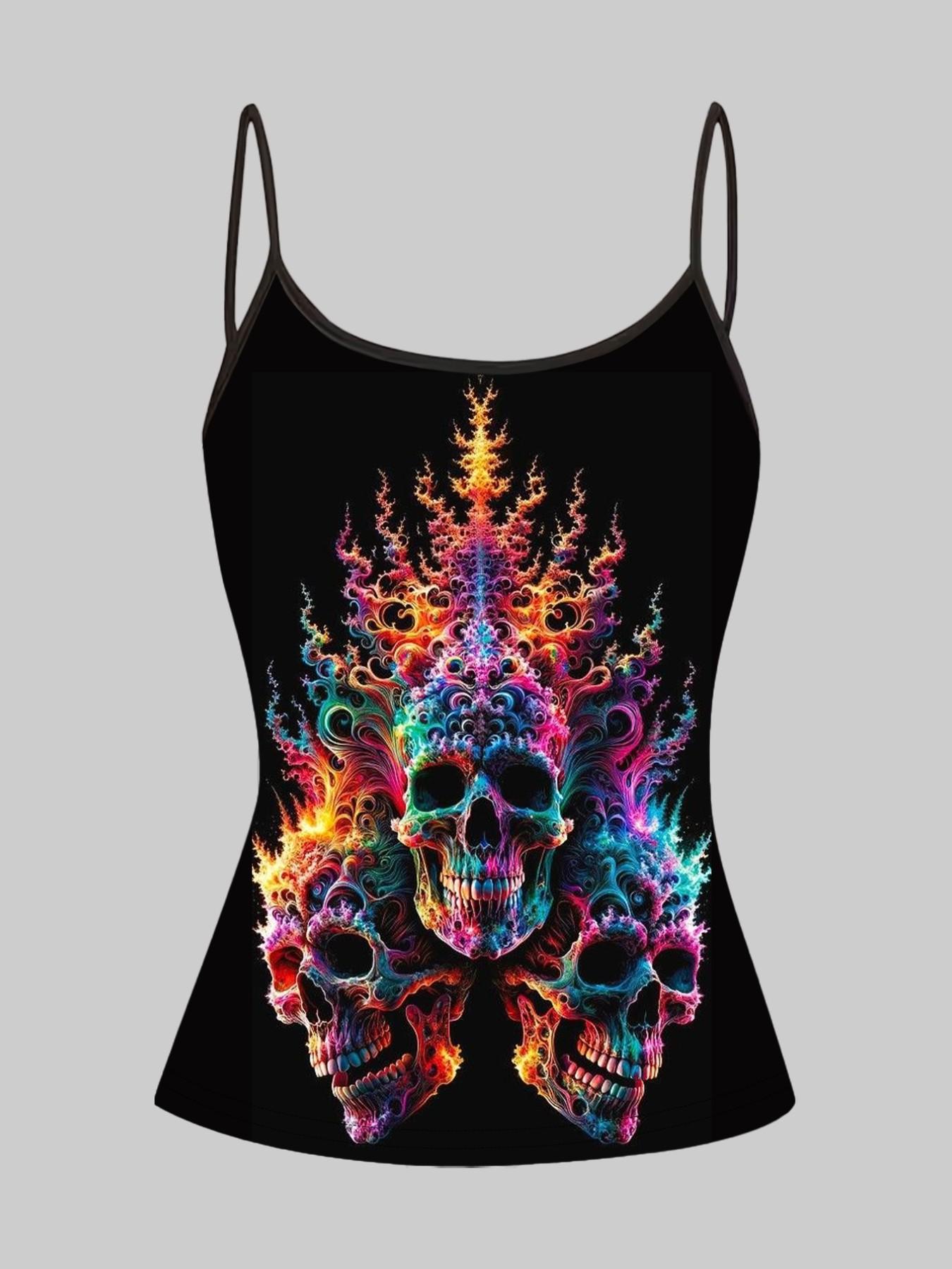 Vibrant Skull Octopus Print Strappy Top, Summer Home Sleepwear Outerwear, Unique Slim-Fit Shirt Set of Four Pieces