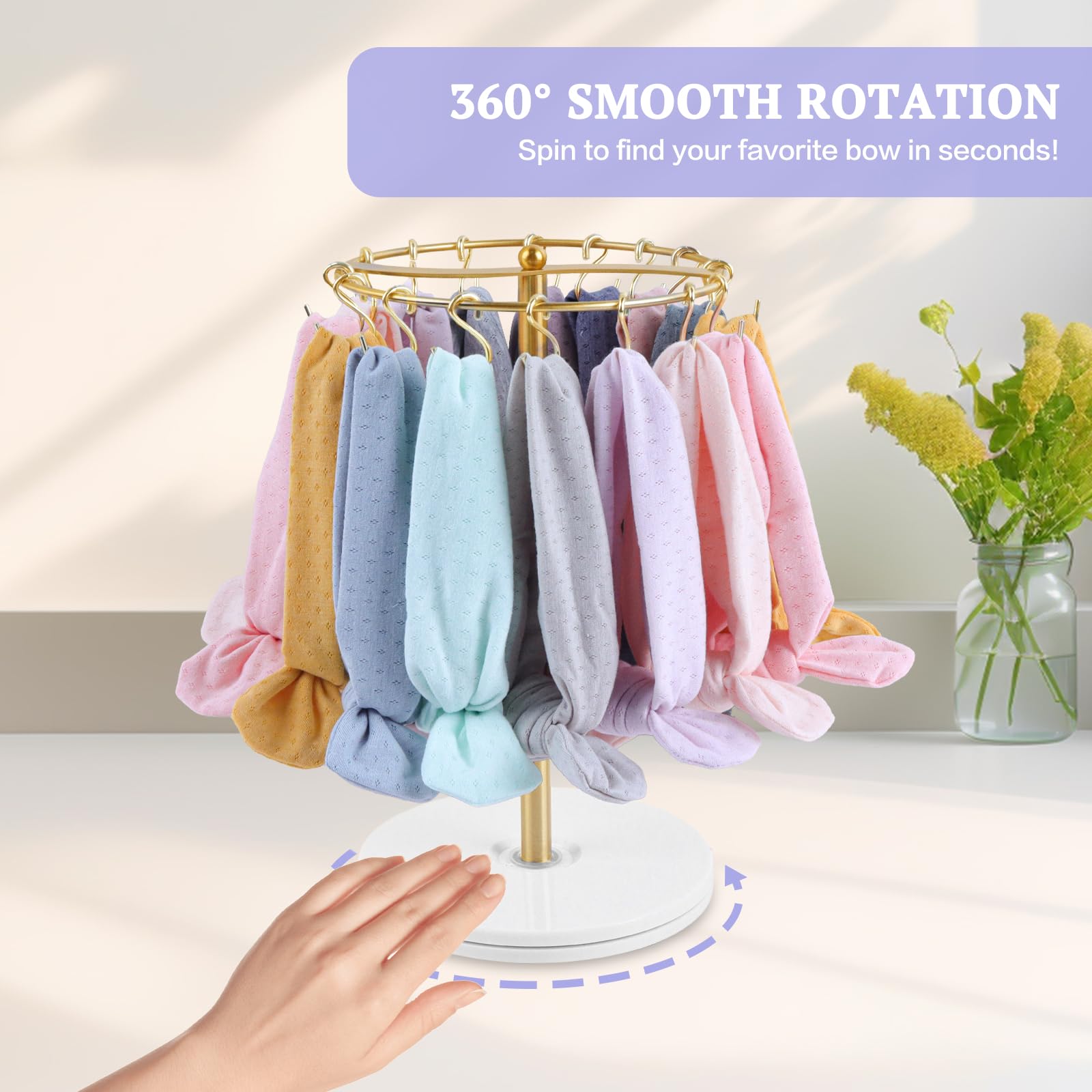 Baby Girl 360° Rotating Headband Holder with 26 Hooks, Hair Bow Storage Rack, Nursery Dressing Table Organizer