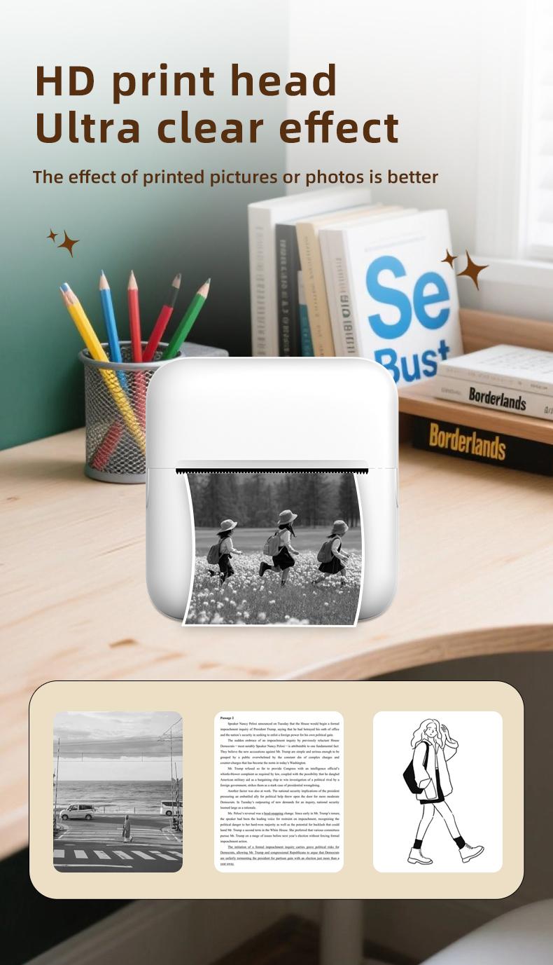 Mini Printer: Inkless Wireless Portable Cute Design, Supports Photo Text Web Bill Printing, Essential Daily Carry Instant Print Device, Thermal Label Printer