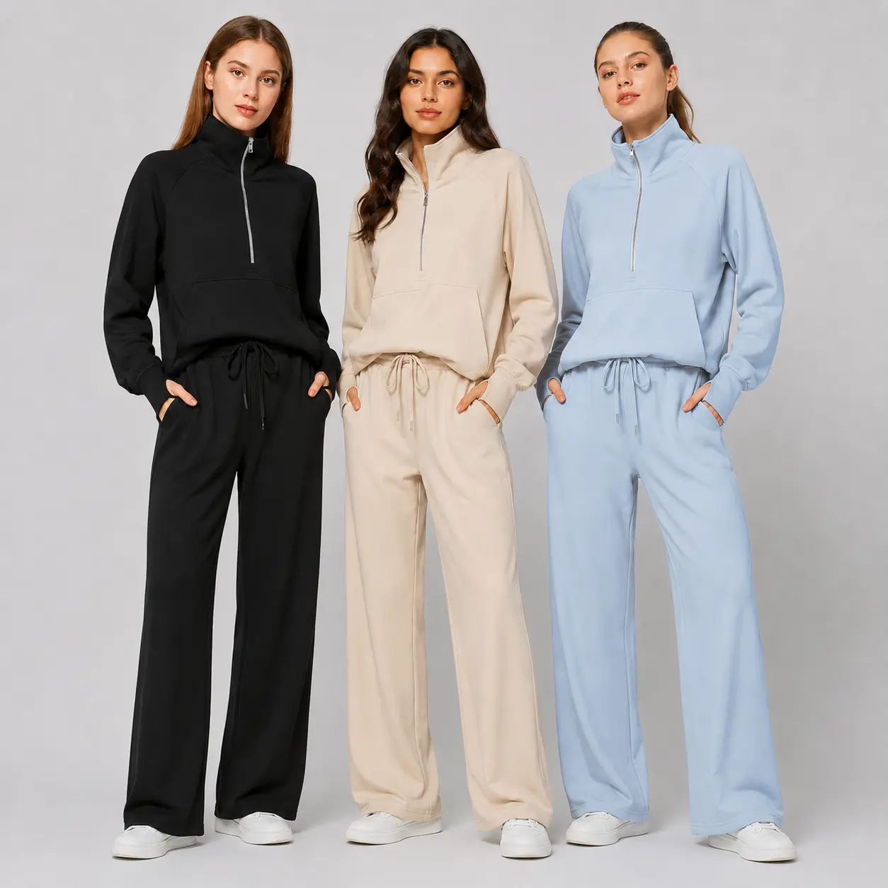 Womens Lightweight Two Piece Sweatsuit Plus Size Half Zip Pullover Sweatshirt and Loose Wide Leg Drawstring Pants Casual Lounge Matching Set for Daily Travel