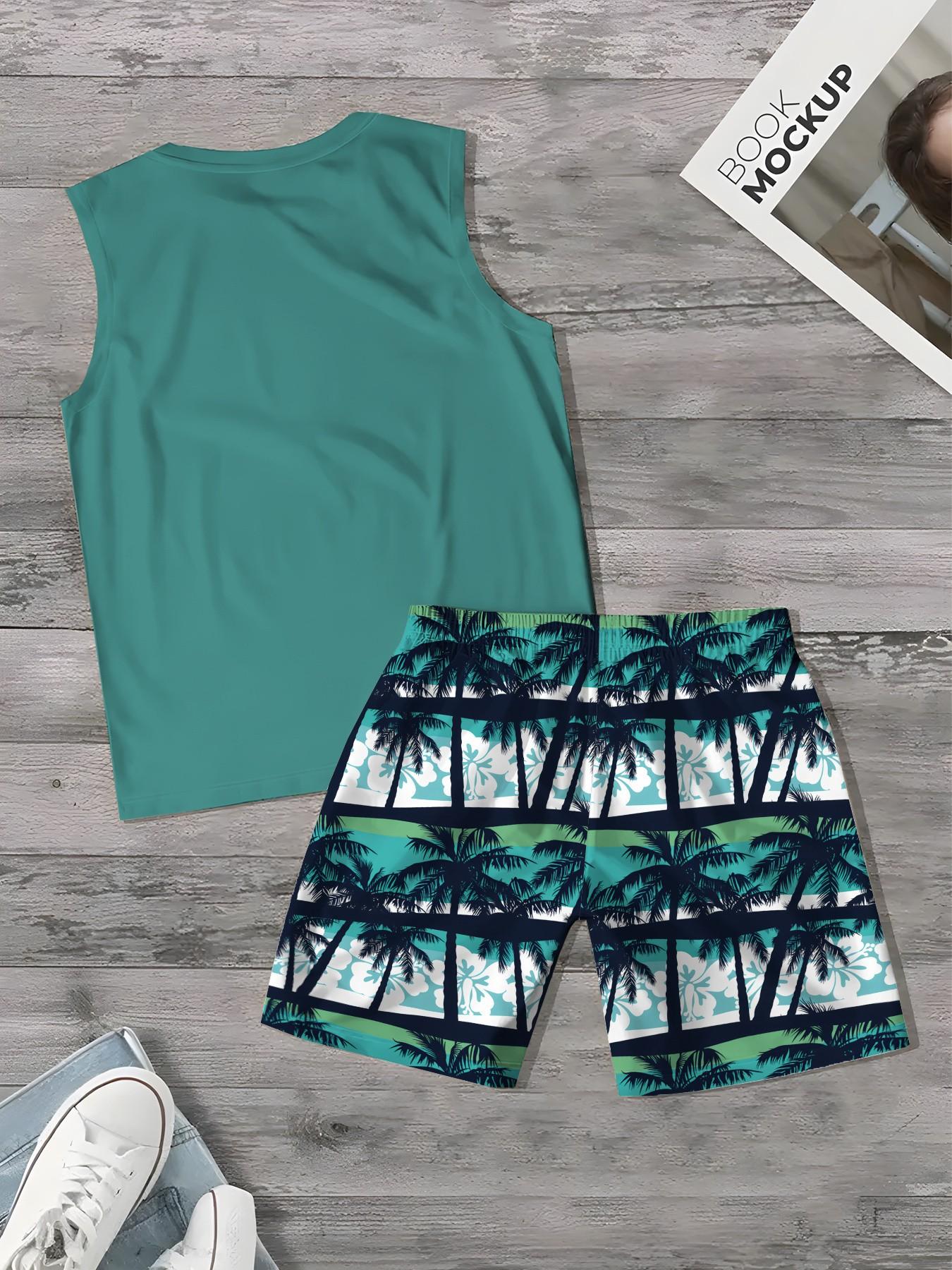 Men's Sleeveless Tropical Printed Beach Shorts Set, Summer Cool Casual Sports Wear, Breathable Comfort Couple Swimwear Matching