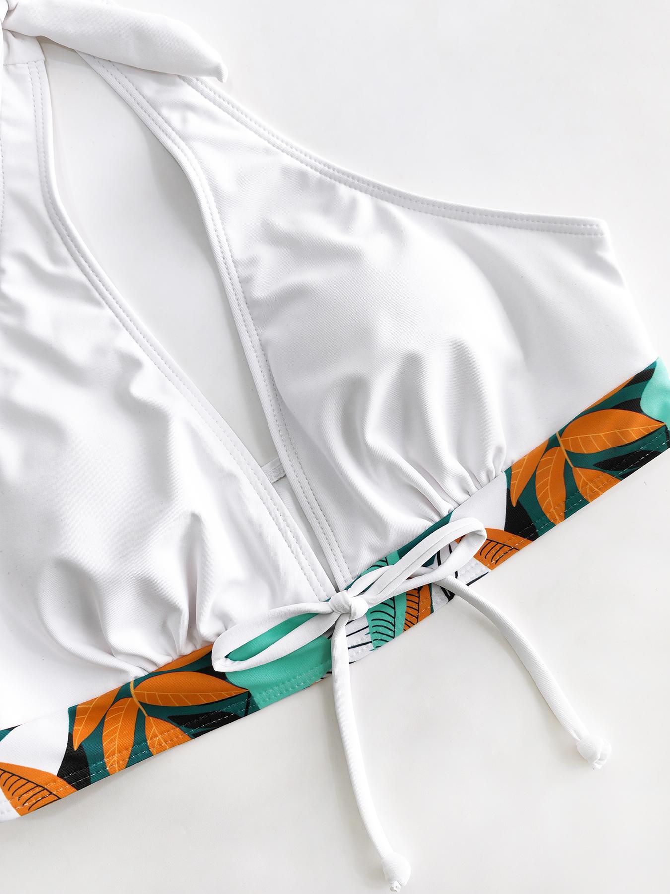 Women's Tropical Print Halter Knot Front Wireless Swim Bra & High Waist Shorts Bikini Set, Summer Outfits, Tummy Control Swimwear, Tie Back  Leaf Print Bikini Sets, Activewear, High Waisted Bikini Sets, Swimsuit Style, Beach Bikini Set,