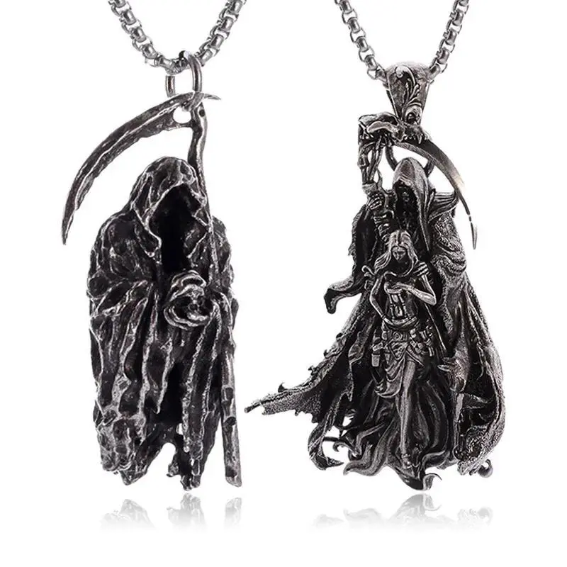 Vintage Gothic Reaper's Scythe Necklace, Halloween Reaper Figure Pendant, Men's Personality Chain Jewelry Necklaces, Devil Ghost Charm Gift for Costume Accessories, Male