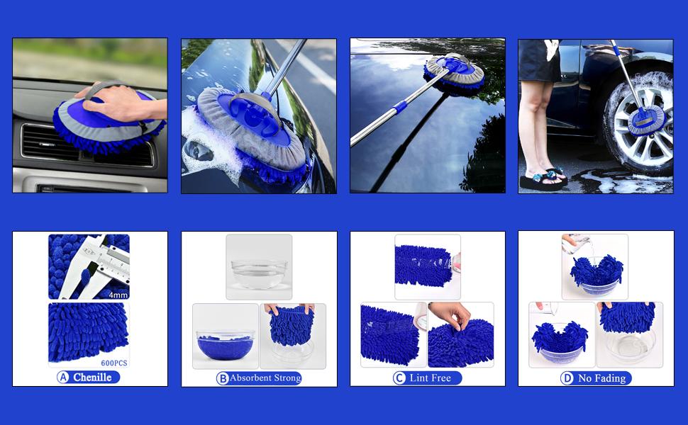 47.5" Car Wash Brush Mop car Cleaning brush Tool with Long Handle Kit for Washing Detailing Cars Truck, SUV, RV, Trailer, Boat 2 in 1 Chenille Microfiber Sponge Duster Not Hurt Paint Scratch Free Cleaner