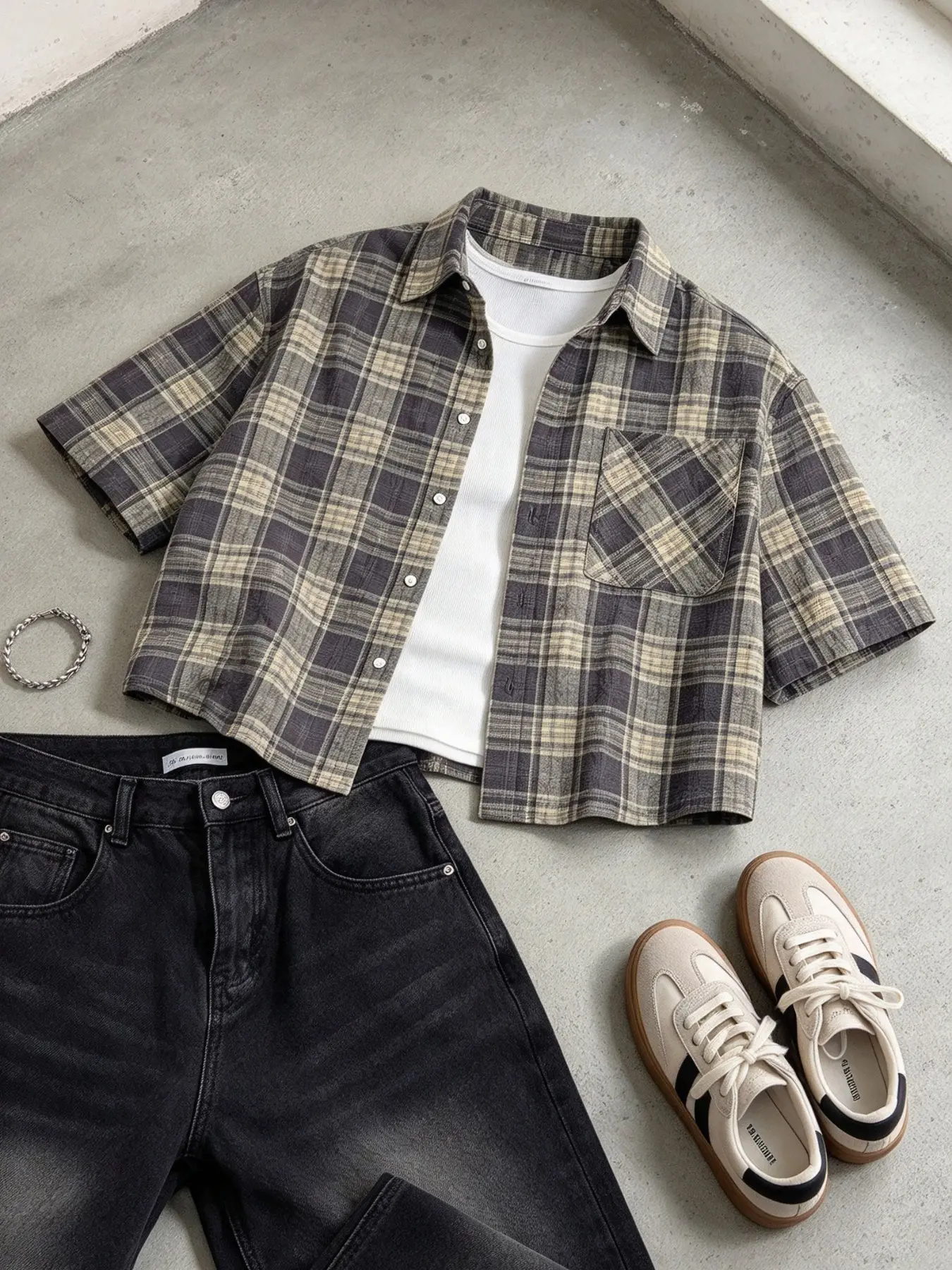 Men's Loose-Fit Plaid Short Sleeve Shirt, Button Front Crop Top, Casual Fashion for Daily Wear, Fall, Halloween Costume, Menswear